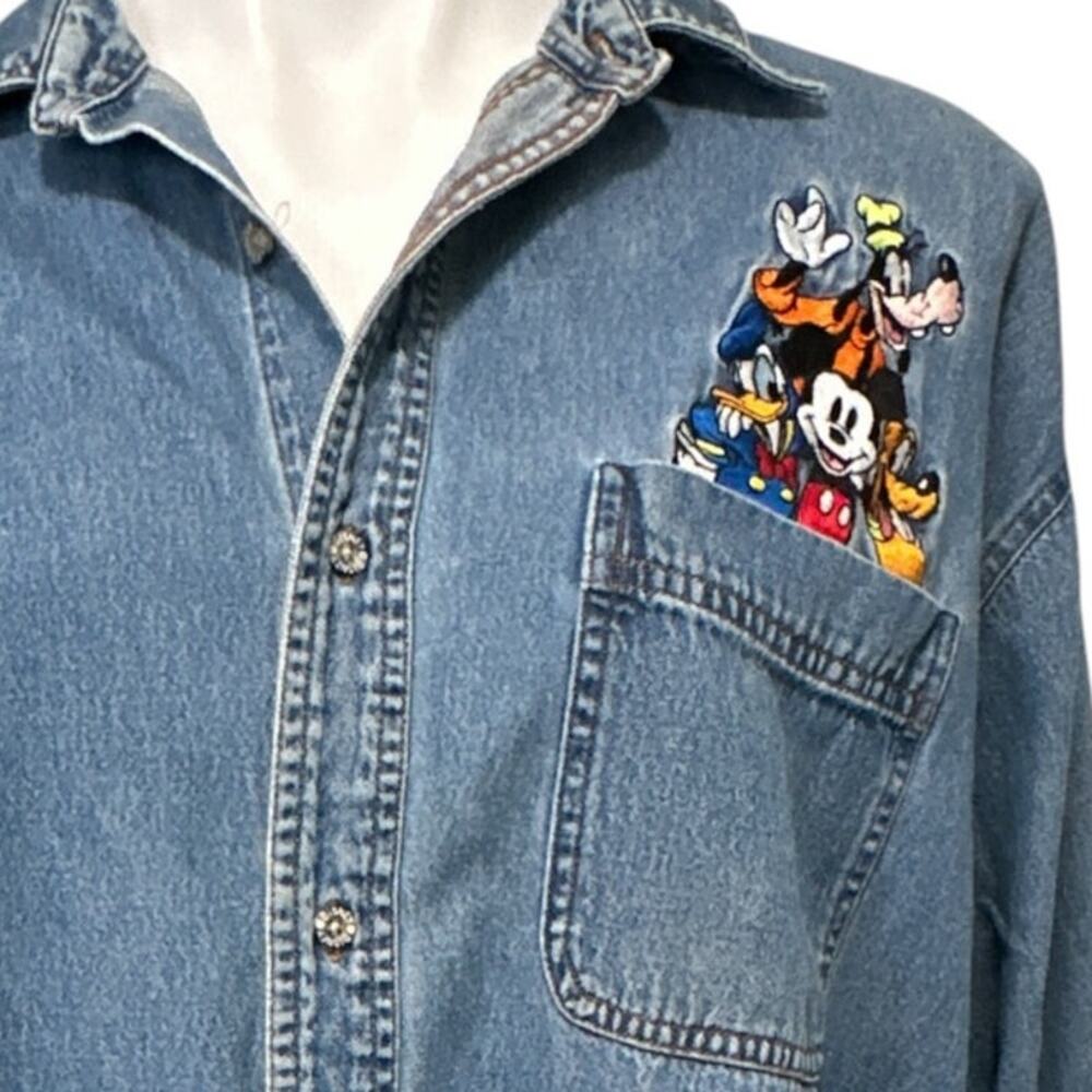 Disney Vintage Denim Shirt Large Blue Mickey Goofy Pluto Embroidered